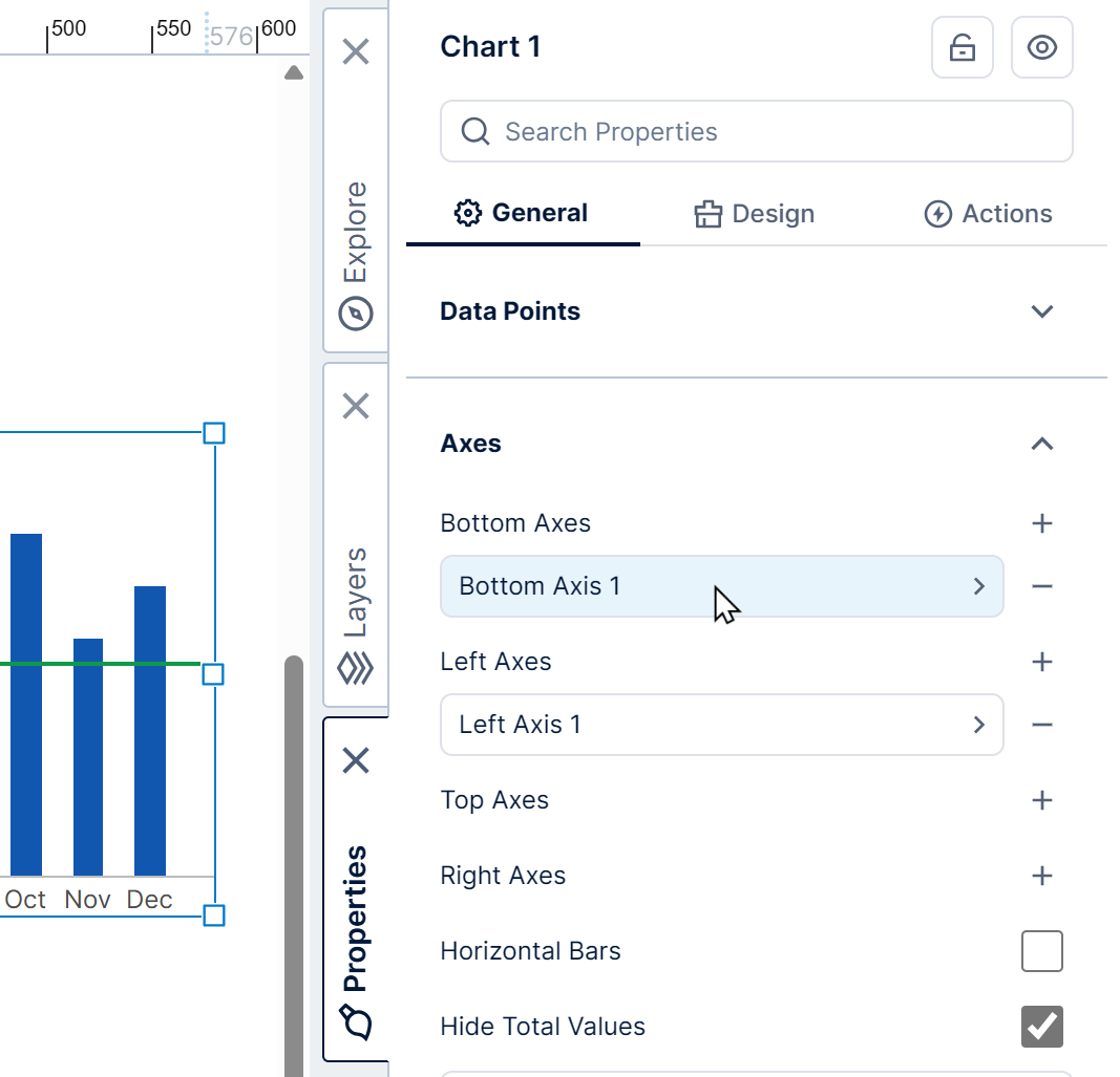 Click on a chart axis (Bottom Axis 1) to edit its properties