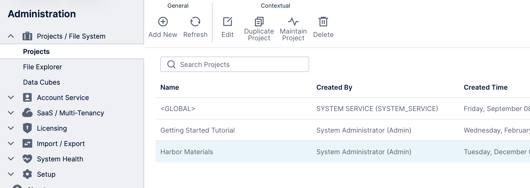 Selecting a project in the Projects screen