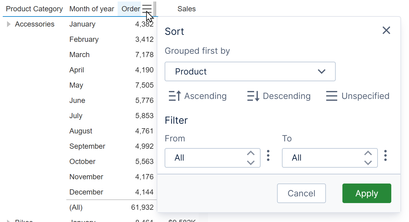 Sort and Filter popup